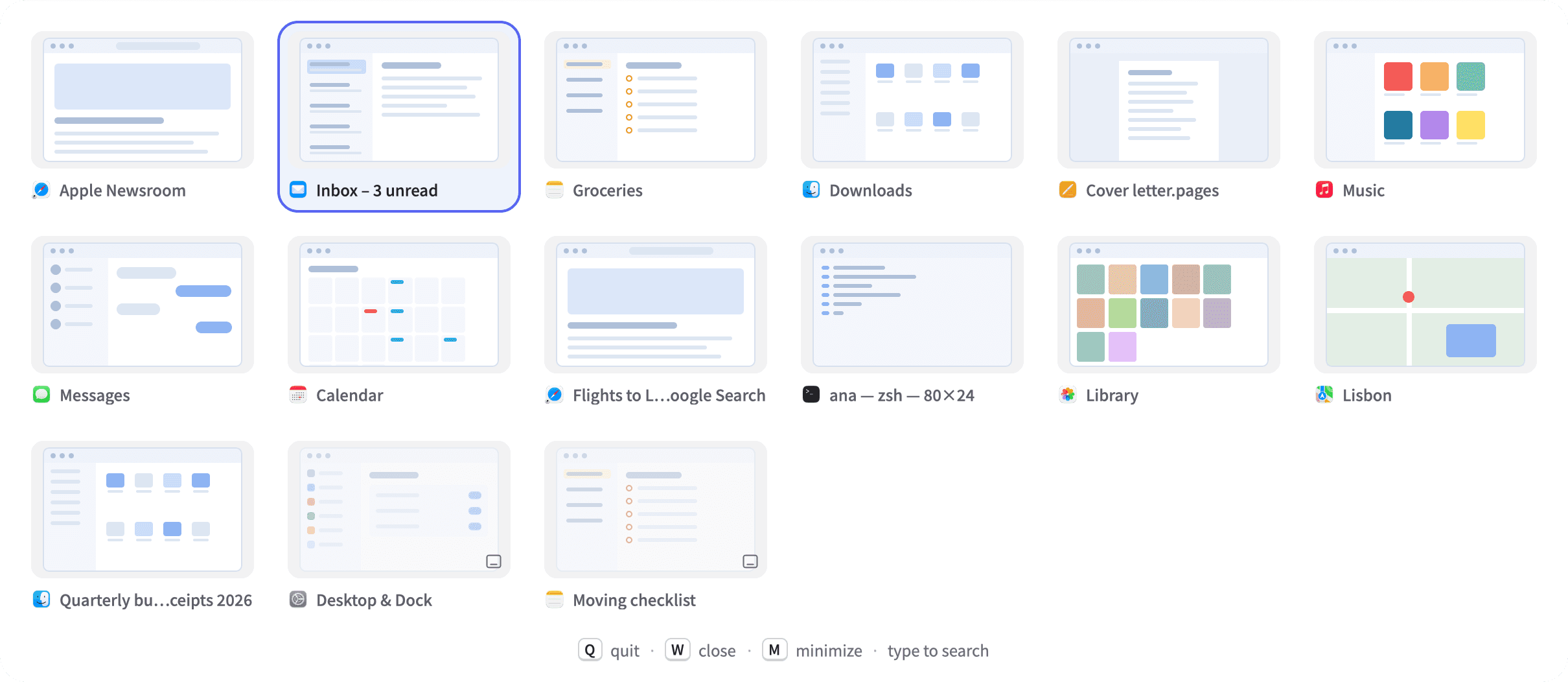 The Panes switcher over a desktop: fifteen open windows as live previews in a grid, Inbox selected, with Q quit, W close and M minimize below.